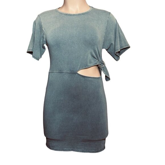 ZARA Stretch Bodycon Casual Dress Side Cut-Out Women Large Gray/Blue Round Neck - Picture 5 of 13